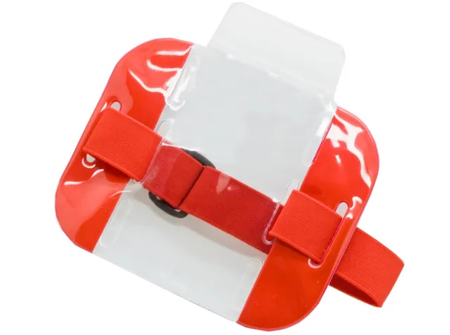 Pack 100 Reflective Red Arm Band Photo ID Badge Holder Vertical w/ Elastic Strap