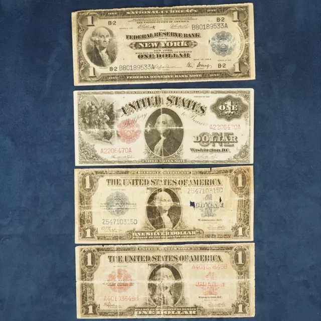 1914-23 Lot of 4 $1 Large Notes Silver Certificates, Natl Currency, Free Ship US