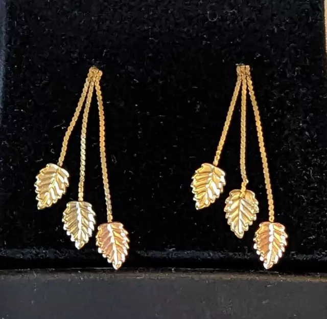 Black hills gold 14kt dangle leaf earrings 3 leaves 1.25" drop post jewelry