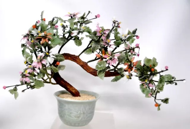 Vintage Japanese Chinese Oriental Asian Jade Glass Flowering Blossom Bonsai Tree