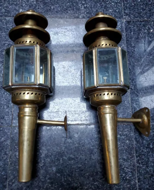 Brass Carriage Lamps oil burning w/ brackets original glass matching (2) French