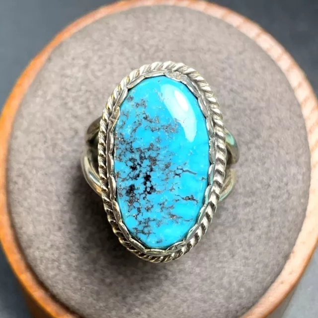 VTG Sterling Silver Handmade Natural Turquoise Bezel Set Rope Border Ring Size 5