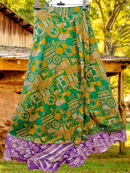 Boho Belle jupe en soie Sari Paisley gren pour femmes, imprimé enveloppant...