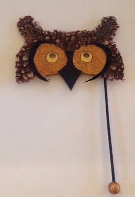OWL Mask Costume Real Feathers Handle Masquerade Wall Hanging Wood Glitter