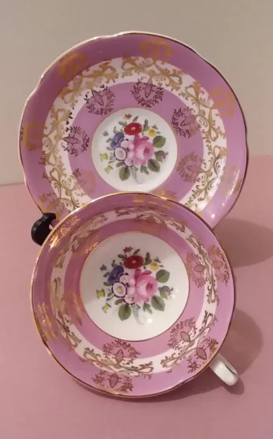 Royal Grafton Tea Cup & Saucer, Bone China, Pink w Cabbage Rose & Gold Lace