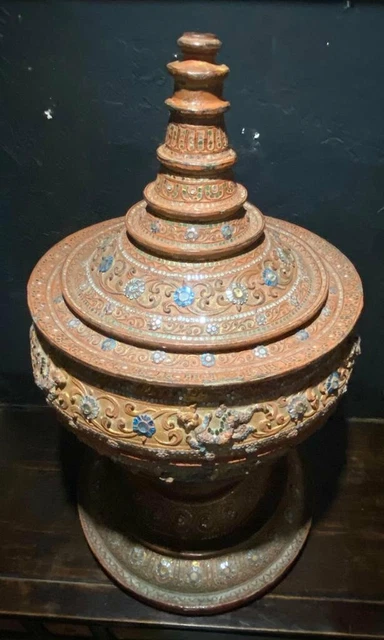 Antique The offering Box Burma Burmese Painted Dragon Tayo Lacquer Asian 20th