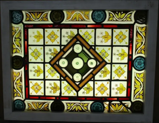 MIDSIZE OLD ENGLISH LEADED STAINED GLASS WINDOW Hand Painted Floral 25.25" x 20"