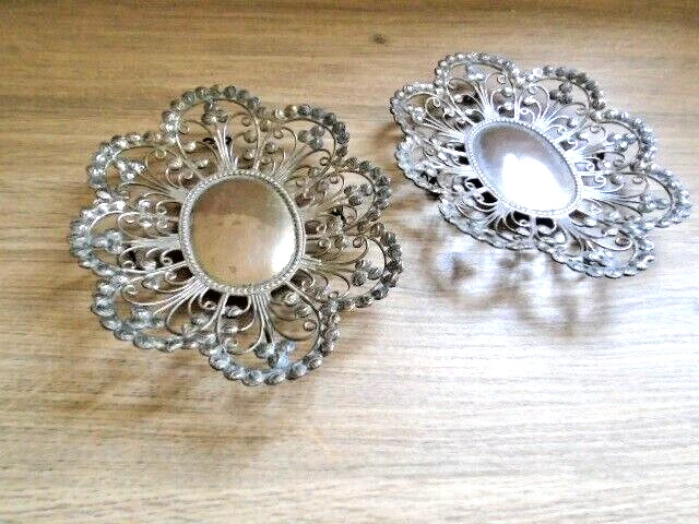 Silver Plated Trinket Dish Pair Antique Card Tray Plate Wire edge Floral