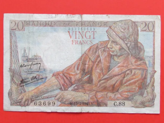 France ( 1943 Rare ) 20 Francs Beautiful Rare Collectable Bank Note