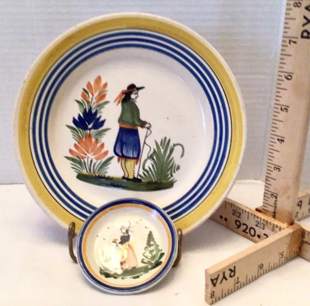 Henroit & HB Quimper Pottery: 8” Plate & 3” Salt,  Bretan man and woman,  A28