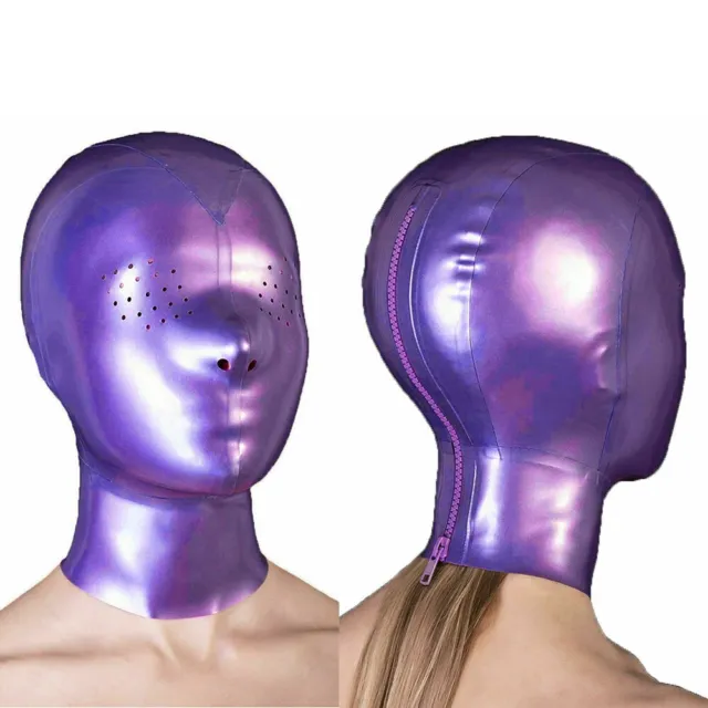 Purple Latex Hood Mask Rubber Catsuit Pinholes for Eyes and Nose with Zipper UK