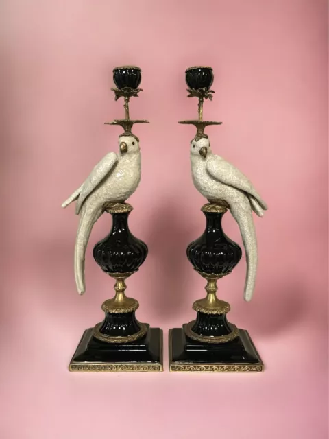 Kerzenleuchter Kerzenständer Papagei Barock Antik Schwarz Porzellan Bronze Set