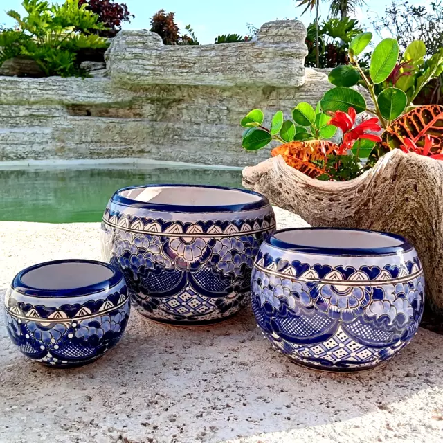 Talavera Pottery Planter Set Mexican Ceramic Flower Pot Blue White Round