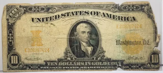 1922 $10 Dollar Gold Certificate Large Size Note Damage Note
