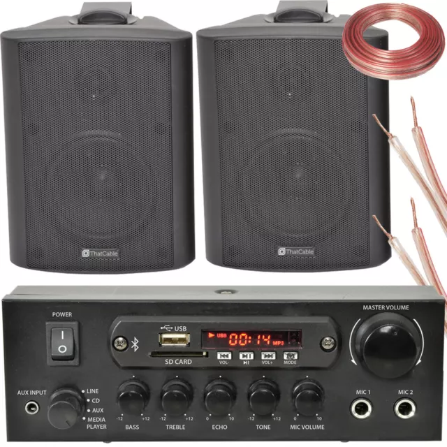 2x Black Bluetooth Wall Speaker System 110W Bar Restaurant Wireless Amp HiFi Kit