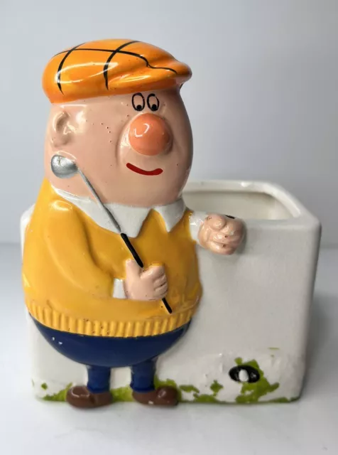 Quirky Vintage 1960s Whimsical Golfer Ceramic Planter Mid Century Modern Kitsch