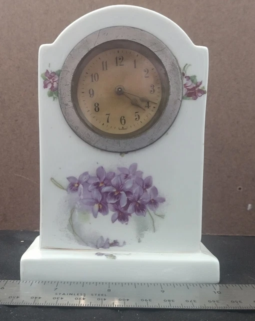 German Made Ceramic Housed Mantel Clock Hand Painted Antique Beautiful
