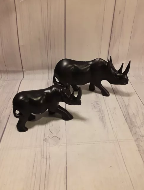 Vintage Ebony Wood Hand Carved Rhinoceroses Momma & Baby 3