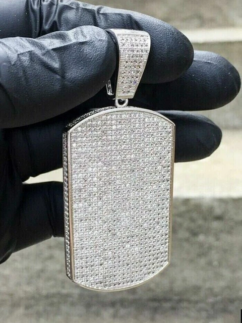 3Ct Round Real Moissanite Men's Dog Tag Pendant 14K White Gold Plated "18" Chain