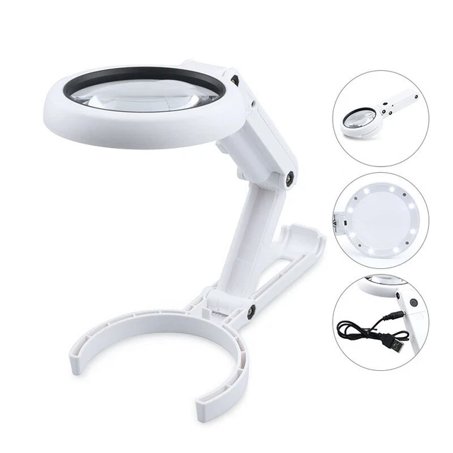 11X Magnifying Glass with Light 8 LED Magnifier Foldable Stand White Ring Light