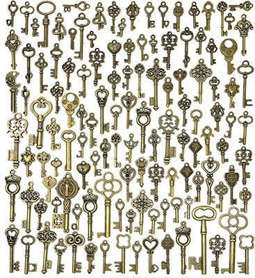 125Pcs/Set Antique Vintage Old Look Bronze Skeleton Keys Fancy Heart Bow Pendan