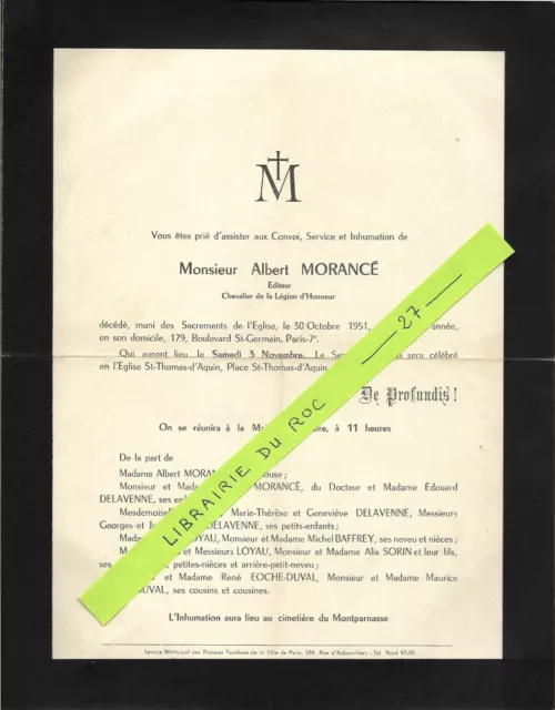 FAIRE PART DECES + Albert MORANCE - Editeur + 1951 Paris + DELAVENNE, LOYAU ...