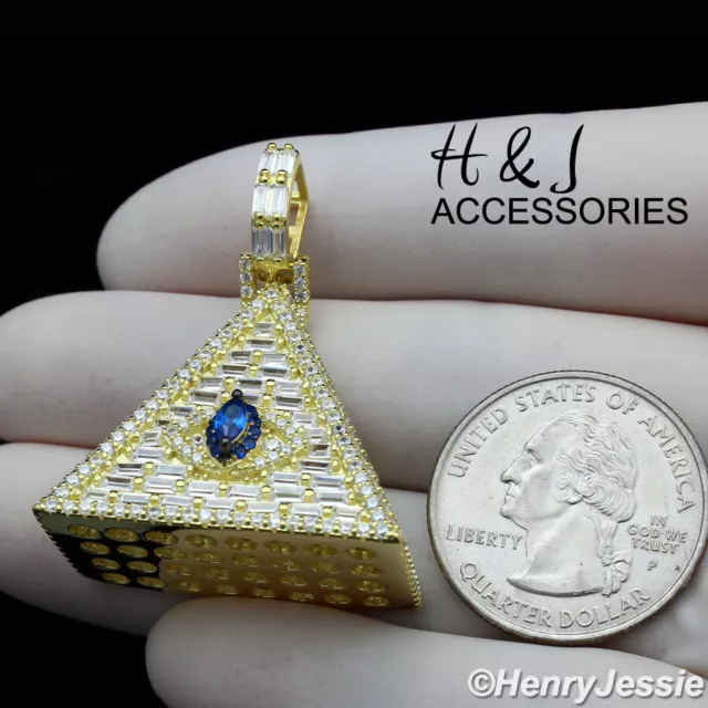 Men 925 Sterling Silver Icy Bling Cz Blue Gold Plated 3D Pyramid Pendant*Agp312