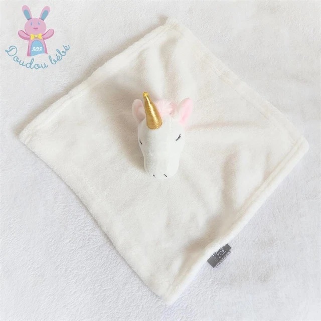 Doudou plat Licorne polaire blanc rose corne dorée or Tom & Zoé (état neuf)