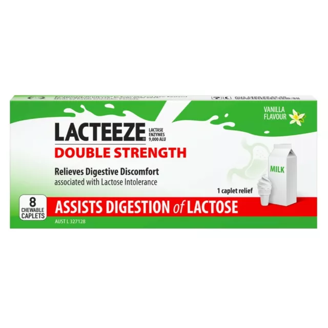 LACTEEZE Double Strength 8 Chewable Caplets Lactose Dairy Digestion Ultra