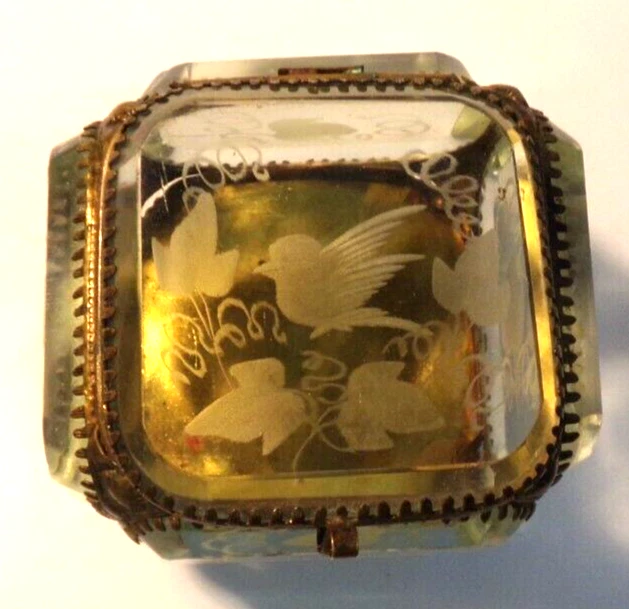 Antique French Brass Revers ETCHED BEVELED GLASS Square CASKET Trinket Jewel Box