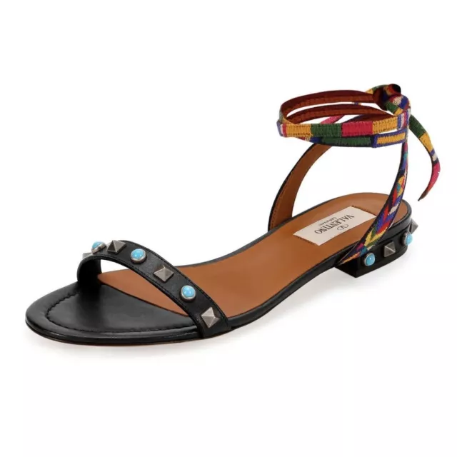 Valentino Rockstud Rolling embroidered ankle-wrap flat sandal IT 35.5 US 5.5