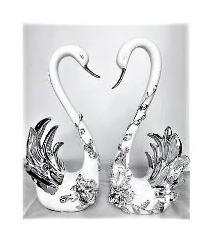 Italian Large Pair WHITE SILVER SWAN Romany Diamante Swans Shelf sitter Ornament