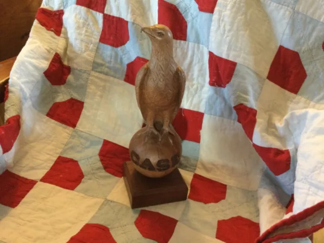 Antique CASE farm equipment Old Abe carved wood eagle on pedestal