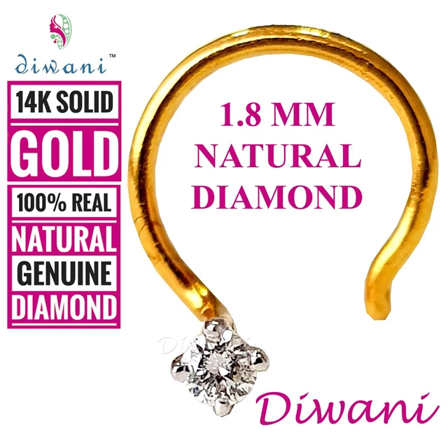 1.8mm Natural Diamond Solitaire Nose Body Piercing Stud Ring Pin 14k Gold