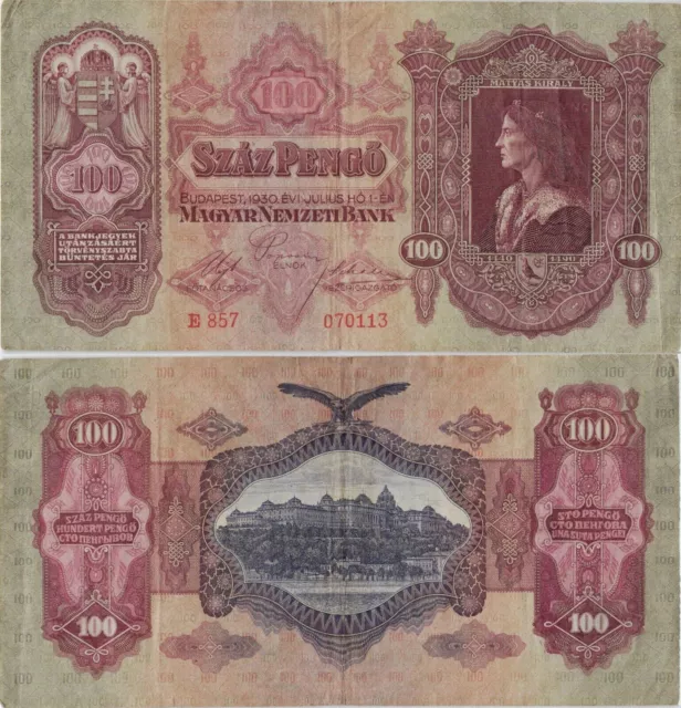 Hongrie 100 Pengo 1930 P-98 billet de banque Europe monnaie #5194