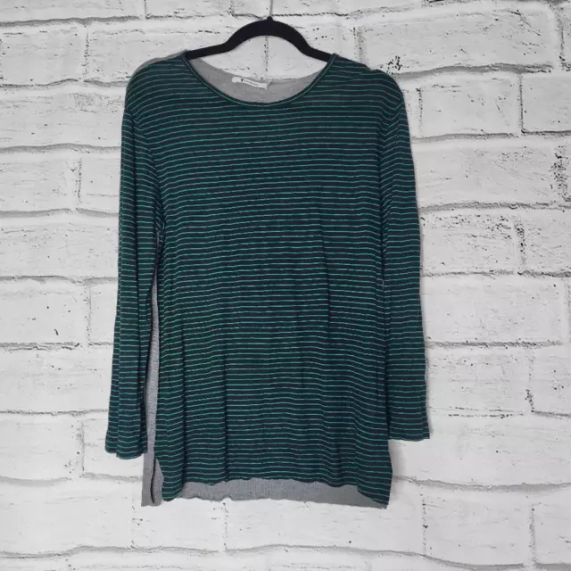 T Alexander Wang Striped Linen Silk Blend Knit Long Sleeve Shirt Blue Green