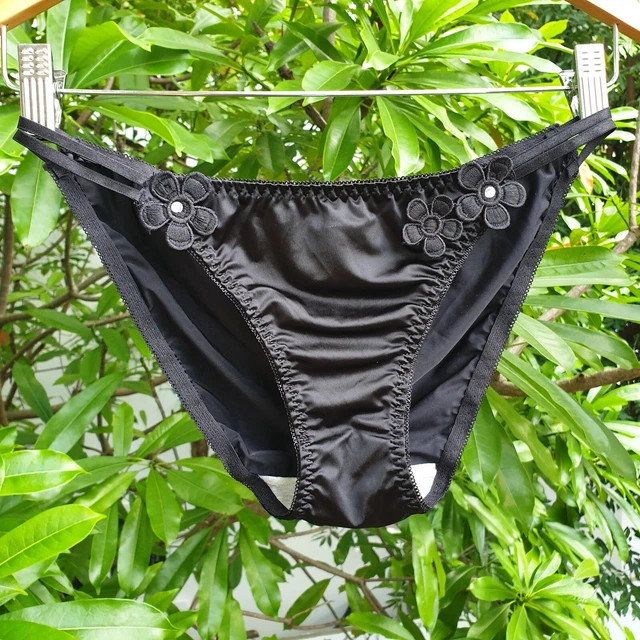 VINTAGE SATIN PANTIES Shiny Black Skin Bikini Double String Size 78