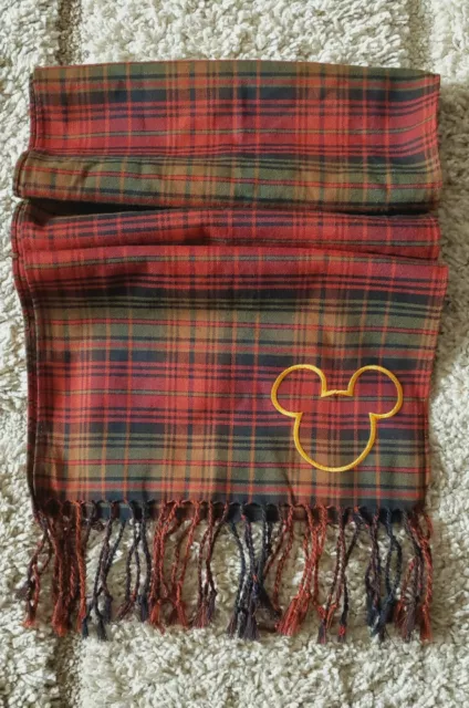 Disney Parks Mickey Mouse Orange Green Plaid Embroidered Fringed Scarf  68 X 12