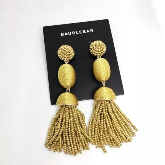 NEW BAUBLEBAR Thread Ball Beaded Tassel Drop Earrings -Gold