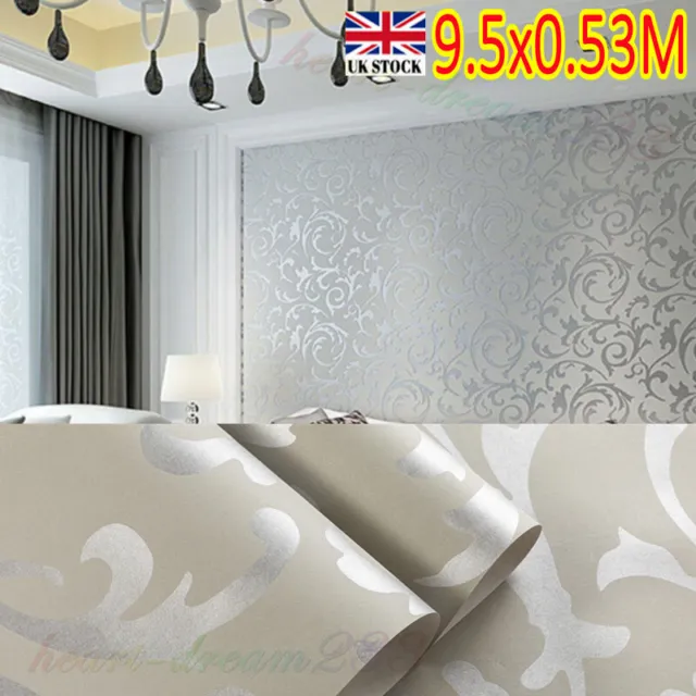 Vintage Luxury Gold Damask Textured Wallpaper 10M Silver Grey Floral Wall Paper