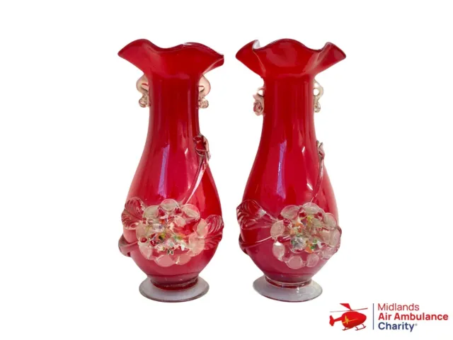 Vintage Stevens and Williams Red Art Glass Vase x2 Delicate Flower (Minor Chip)