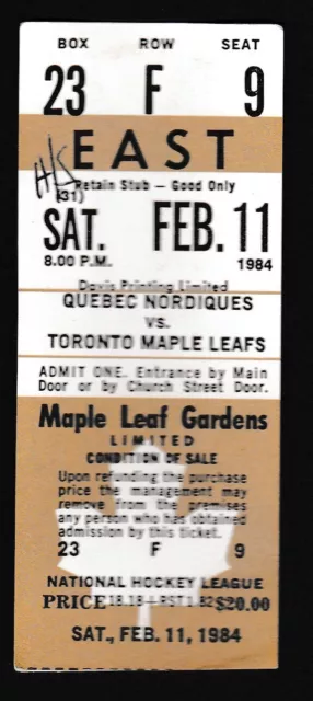 Feb. 11, 1984 Toronto Maple Leafs vs. Quebec Nordiques Ticket Stub