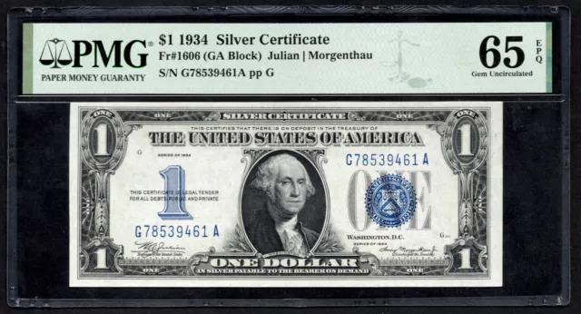 UNITED STATES 1934 $1 Silver Certificate. FR Number: 1606. PMG Graded: 65 EPQ.
