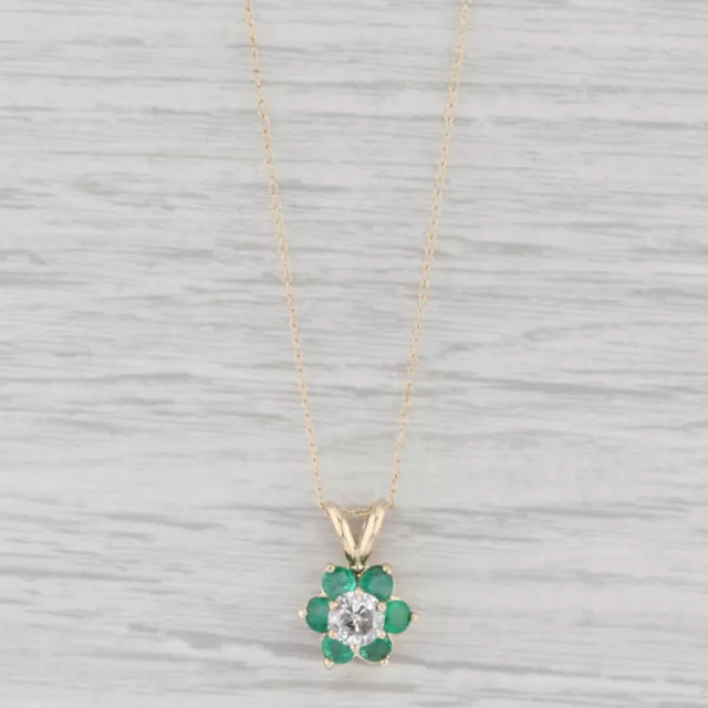 1.06ctw Emerald Diamond Flower Pendant Necklace 14k Yellow Gold 16" Curb Chain