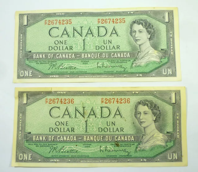 Canada 2 Consecutively Numbered 1954 $1 Banknotes