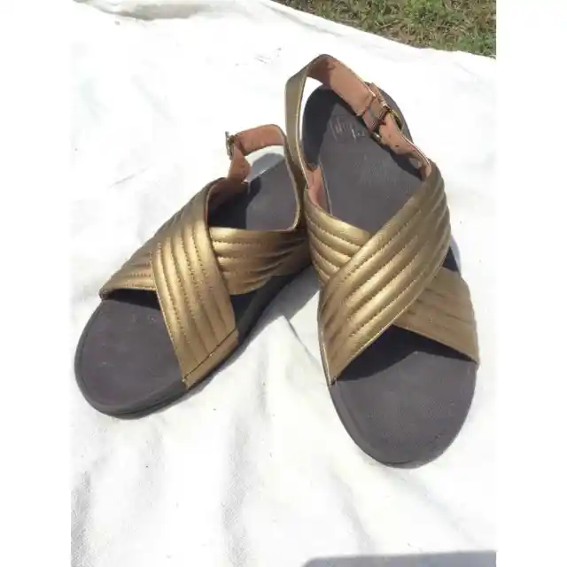 Fitflop womens slingback sandal size 9 gold strap black cushion crisscross wedge 2