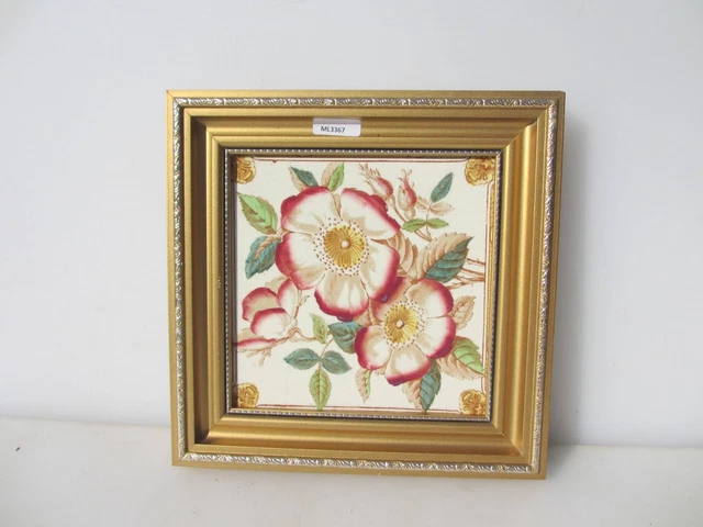 Vintage Ceramic Tile Art Nouveau Floral Flowers Roses Leaf Gilt Frame 5