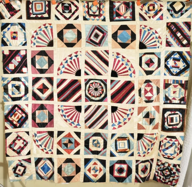 MUSEUM QUALITY, COLORFUL 1880's Victorian Silk Sampler Medallion Antique Quilt!