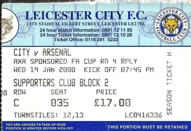 Leicester City v Arsenal F A Cup Ticket 2000