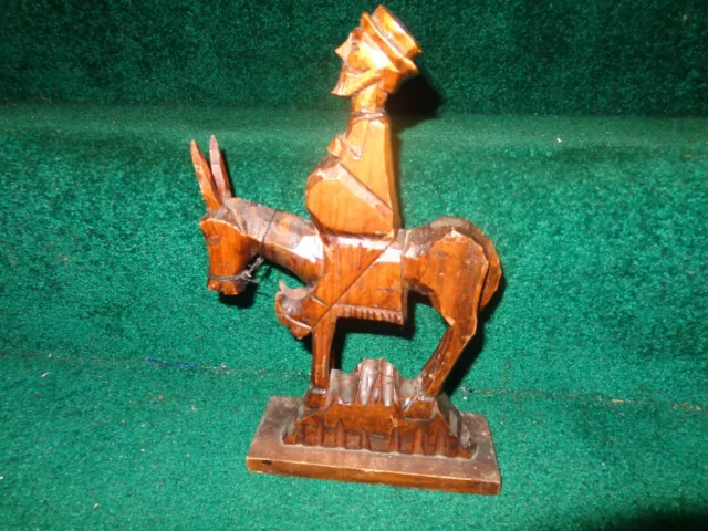 11 Inch Vintage Hand Carved Wooden Man Riding Donkey - Nice Detail Work  # 542